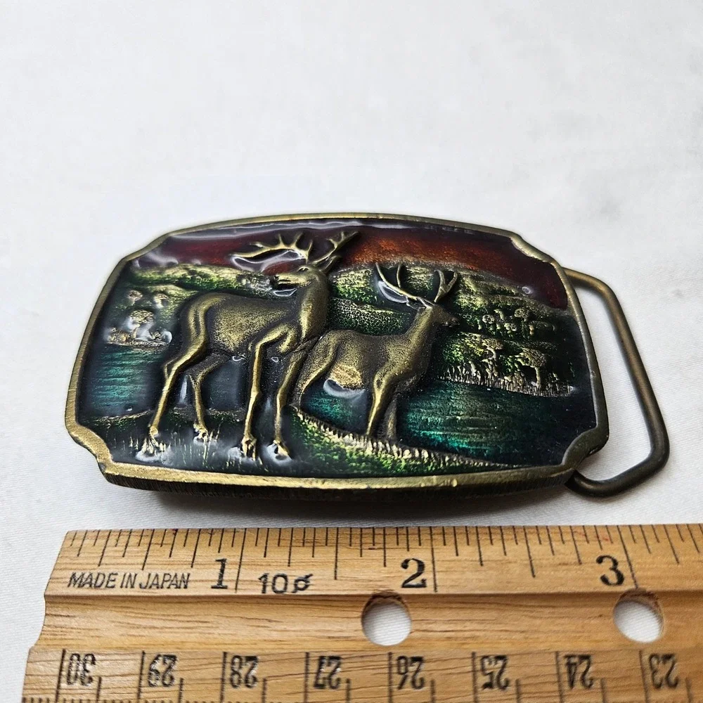 Koleaco USA Vtg Deer Buck‎ Wildlife Brass 3D Enamel Belt Buckle A16 Western